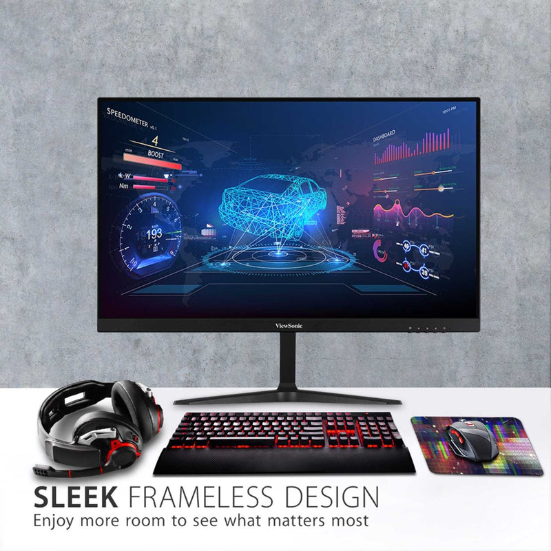 ViewSonic gaming monitor with gaming peripherals including keyboard, mouse, and headset