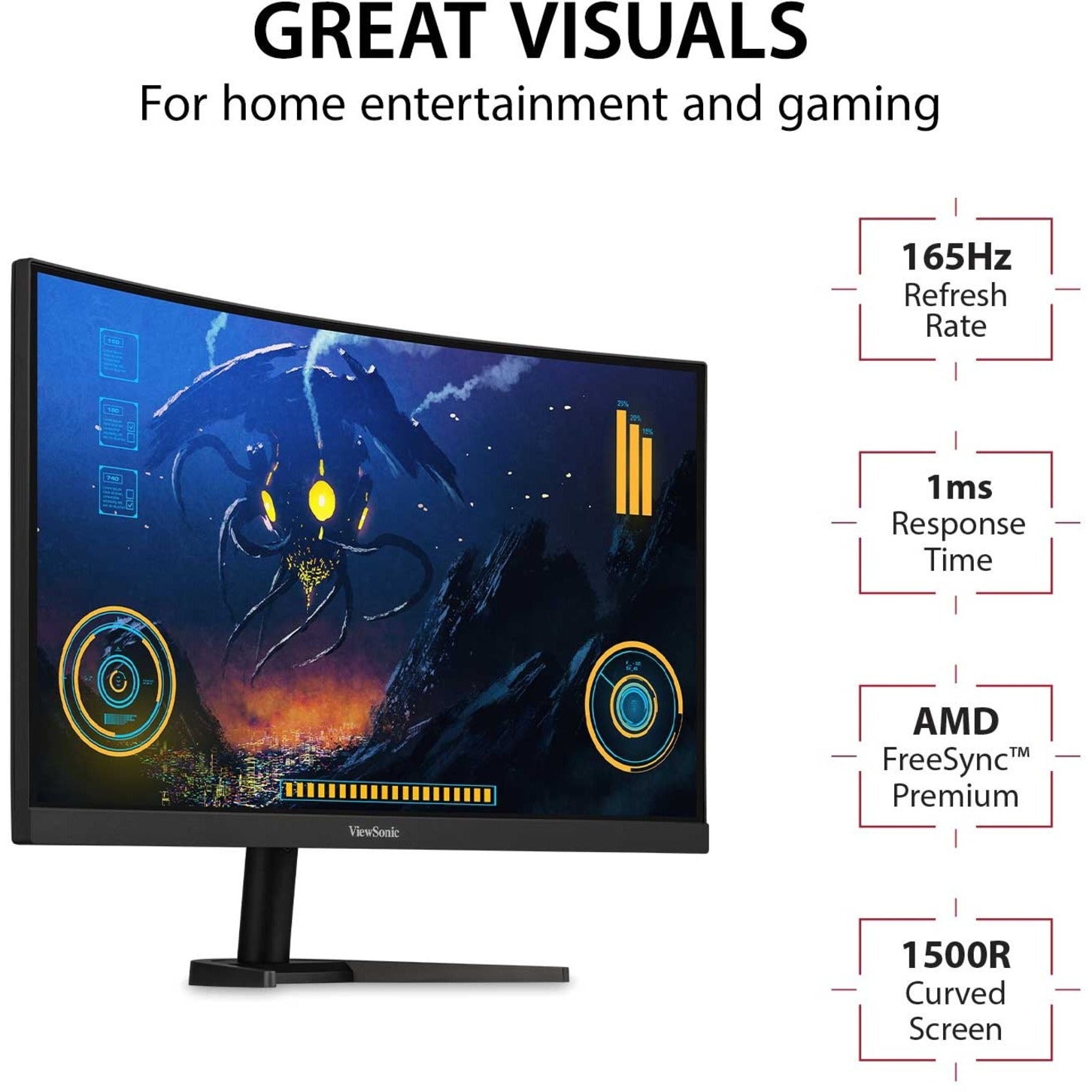 ViewSonic VX2468-PC-MHD 24IN Curved Gaming Monitor, Full HD, 165Hz, 1ms Response Time, FreeSync Premium