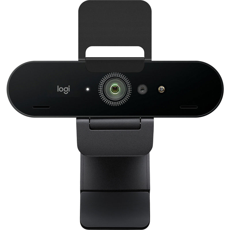 Front view of Logitech 4K PRO WEBCAM showing sleek black design with central lens and mounting clip