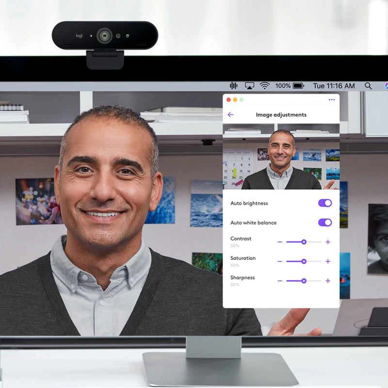 Screen showing image adjustment controls for Logitech 4K PRO WEBCAM