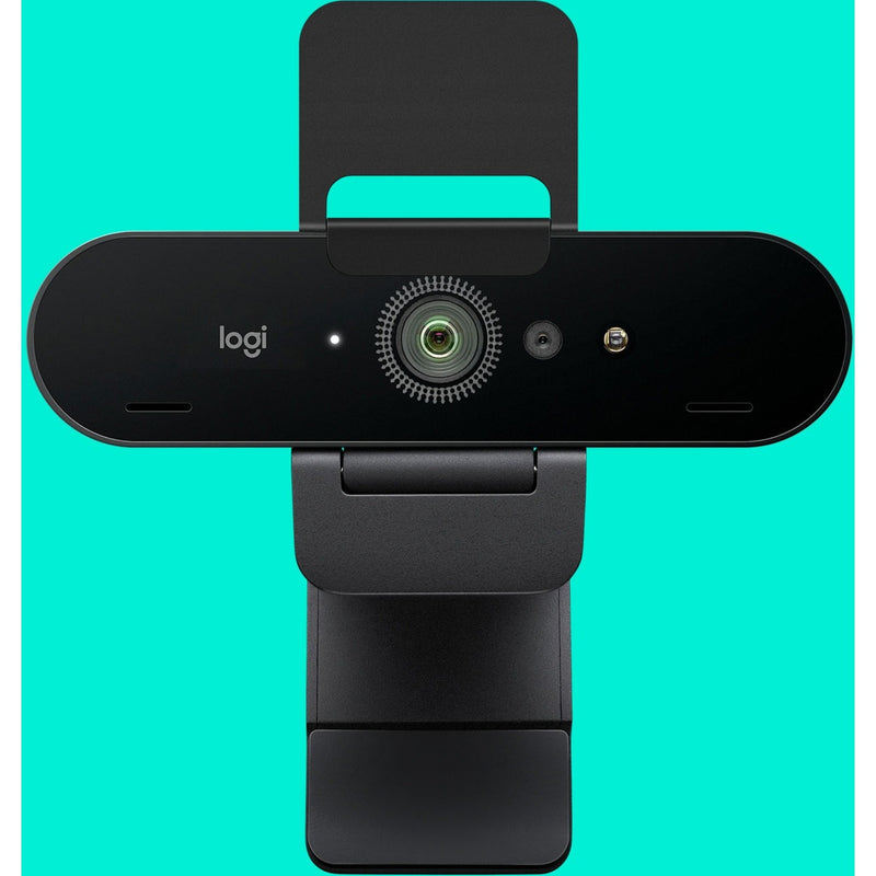 Logitech 4K PRO WEBCAM displayed on turquoise background showing design details