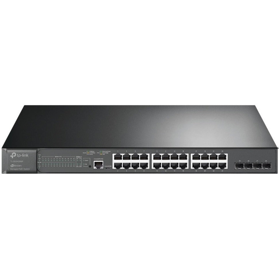 TP-Link TL-SG3428MP JetStream 28-poort Gigabit L2 Beheerde Switch met 24-poort PoE+ Power Over Ethernet plaatsbaar in rack.