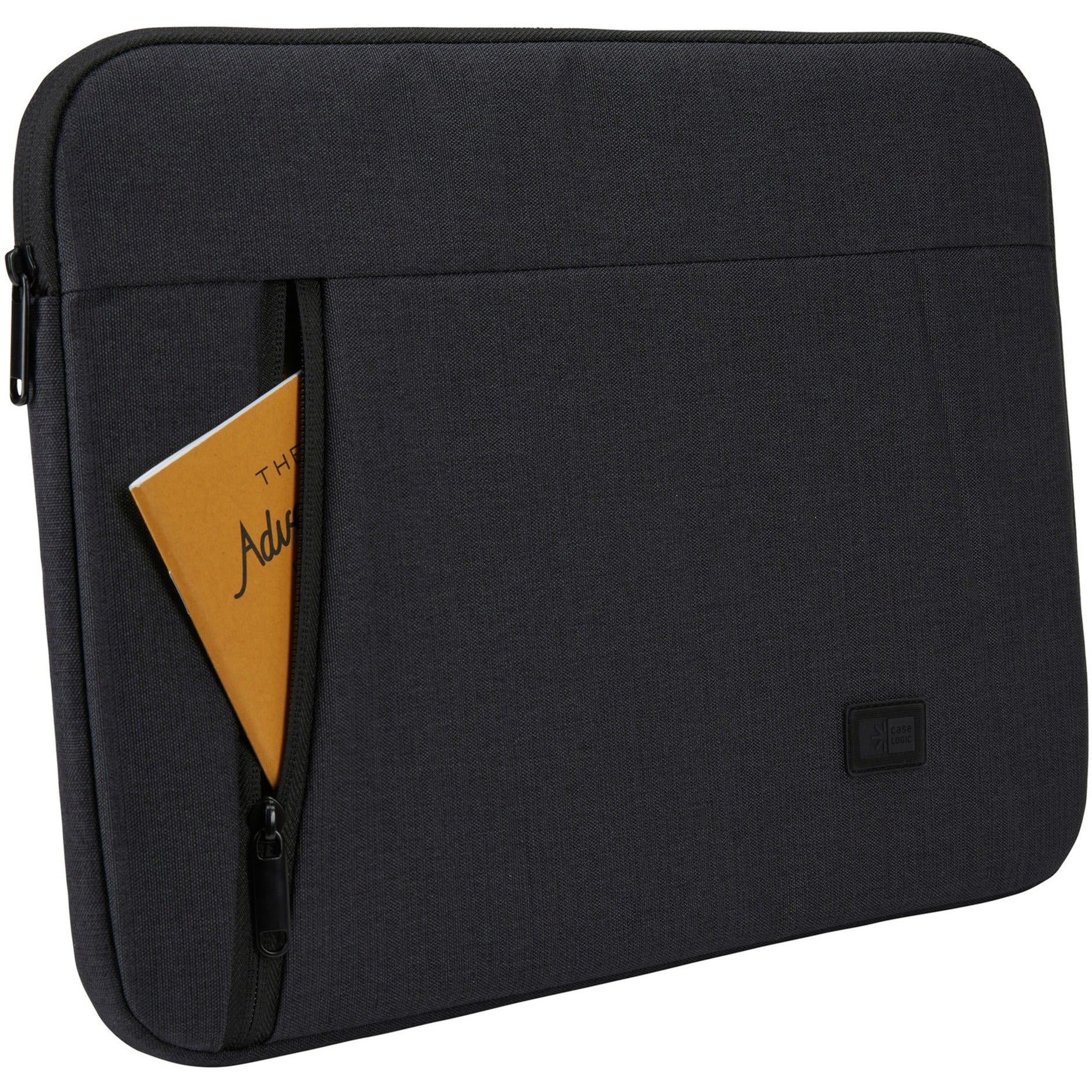 Front view of Case Logic Huxton laptop sleeve with document visible in front pocket-alternate-image5