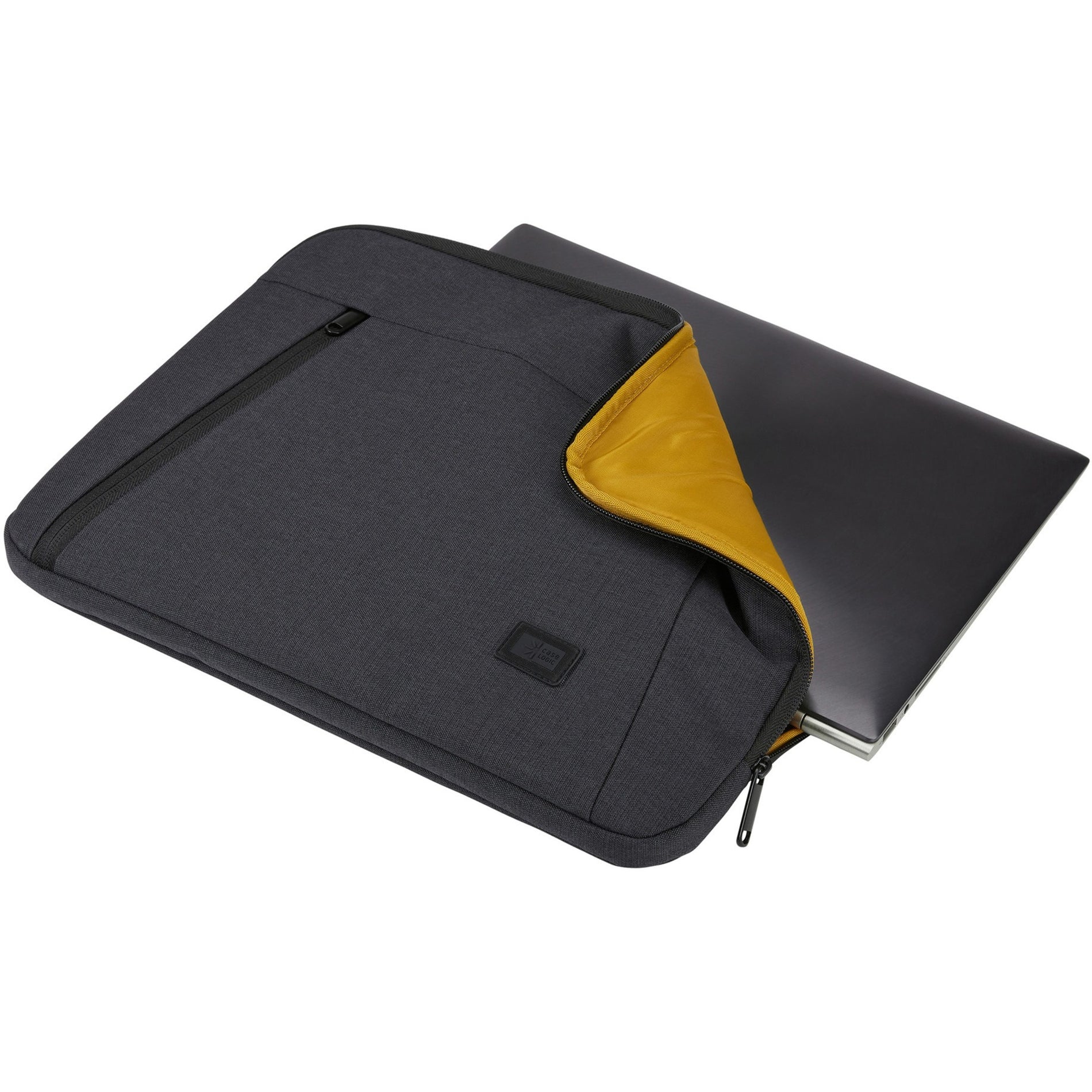 Case Logic Huxton laptop sleeve with laptop partially inserted showing yellow interior-alternate-image4