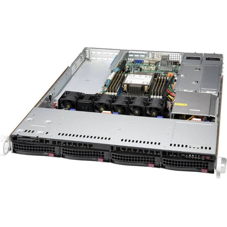 Internal view of Supermicro SYS-510P-WTR 1U server showing cooling fans, drive bays, motherboard layout, and redundant power supplies-alternate-image1