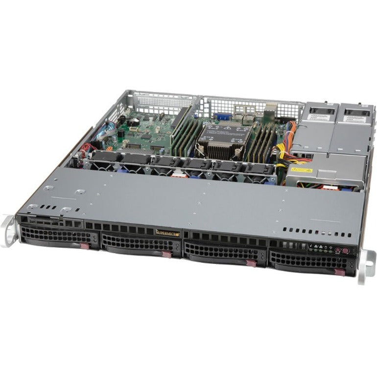 Internal view of Supermicro SYS-510P-MR 1U server showing motherboard, cooling fans, drive bays, and redundant power supplies-alternate-image1