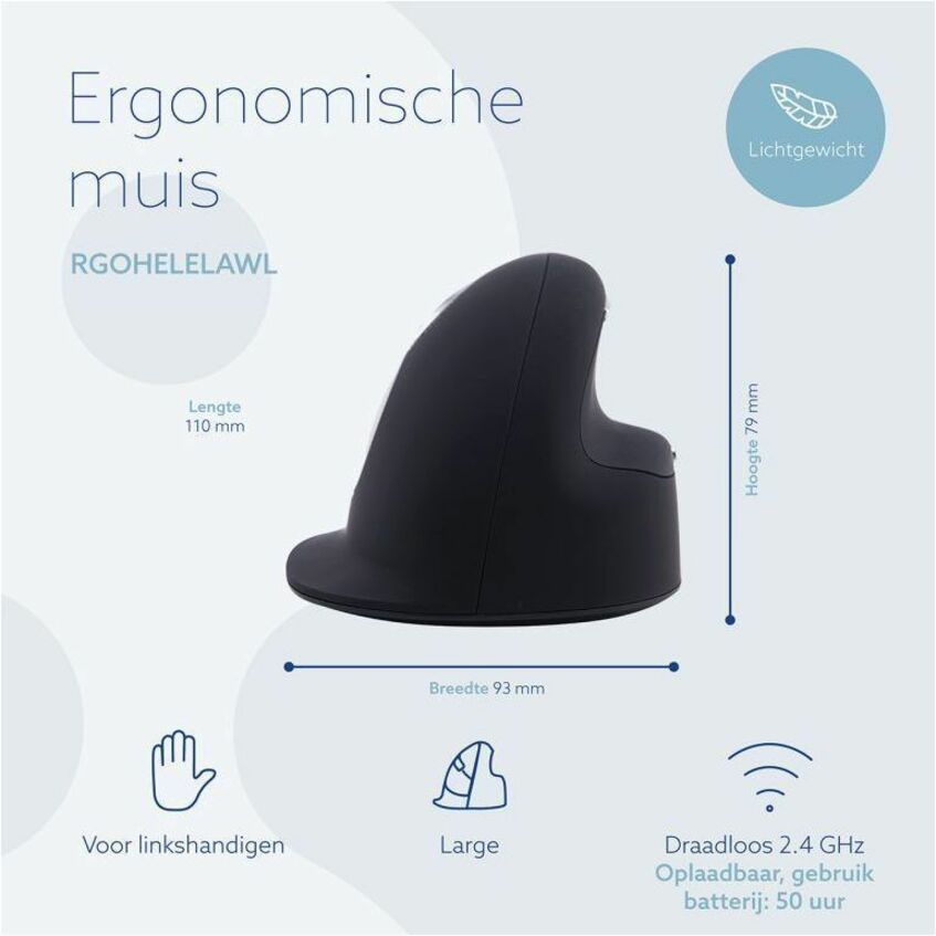 R-Go RGOHELELAWL HE Souris Ergonomique pour Main Gauche Souris Sans Fil avec Molette de Défilement Grande Taille 5 Boutons 2500 dpi