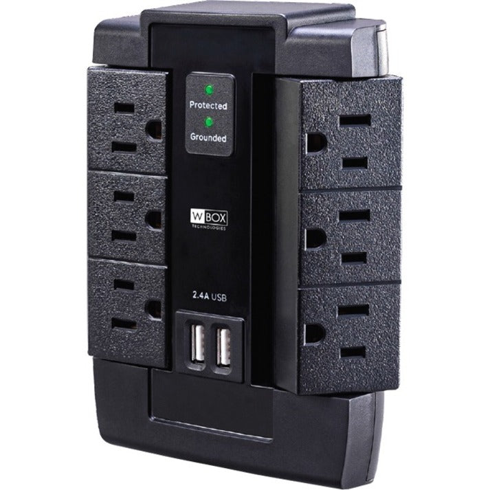 W Box wall-mounted surge protector featuring 6 swiveling outlets, dual USB ports, and LED status indicators in black finish-alternate-image1