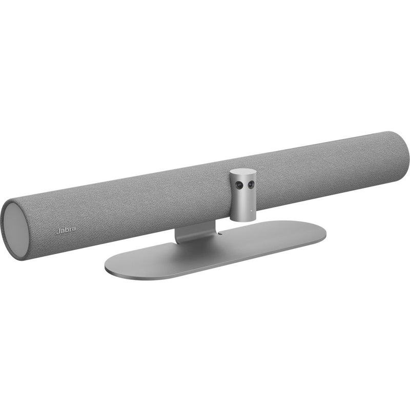 Jabra PanaCast 50 video conferencing camera in gray with fabric finish, showing side angle view with table mount stand