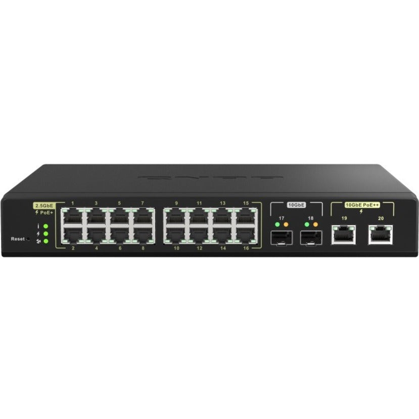 Front view of QNAP QSW-M2116P-2T2S network switch showing 16 PoE+ ports, 2 PoE++ ports, and status indicators-alternate-image1