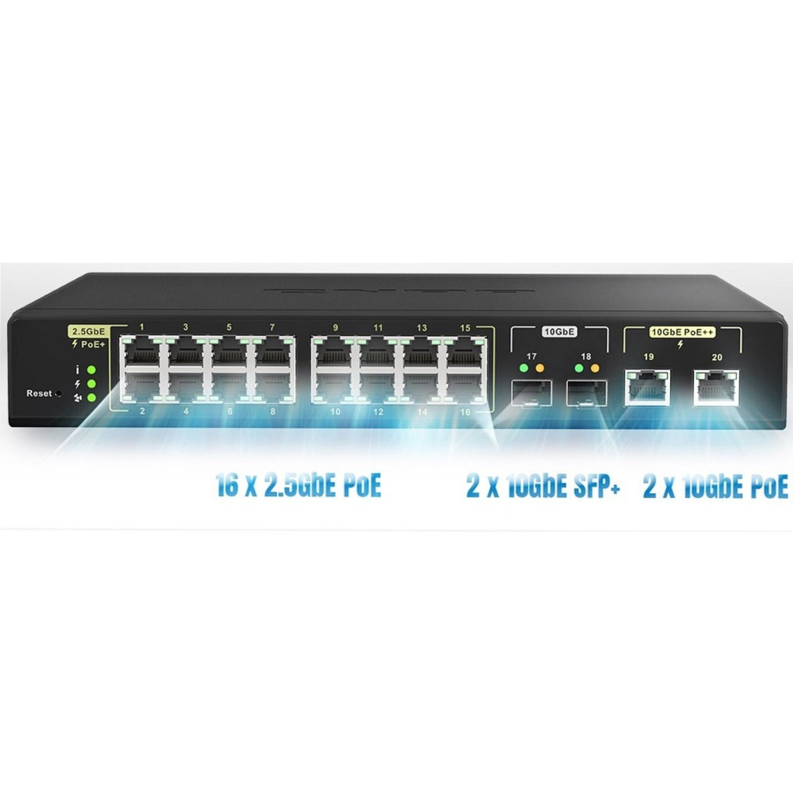 Detailed view of QNAP QSW-M2116P-2T2S showing port architecture and speed indicators-alternate-image9