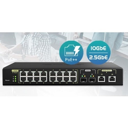 Marketing image showing QNAP QSW-M2116P-2T2S with PoE and speed capabilities-alternate-image7