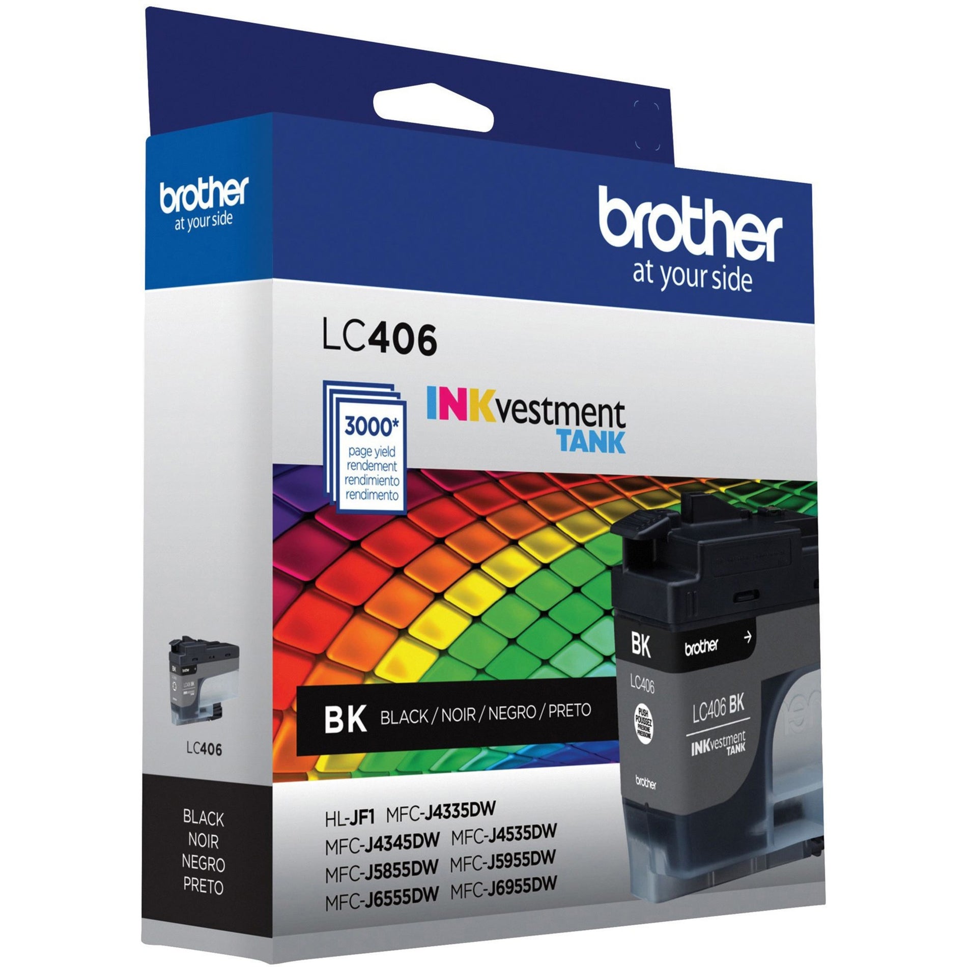 Side angle view of Brother LC406BKS ink cartridge box highlighting INKvestment Tank technology-alternate-image3