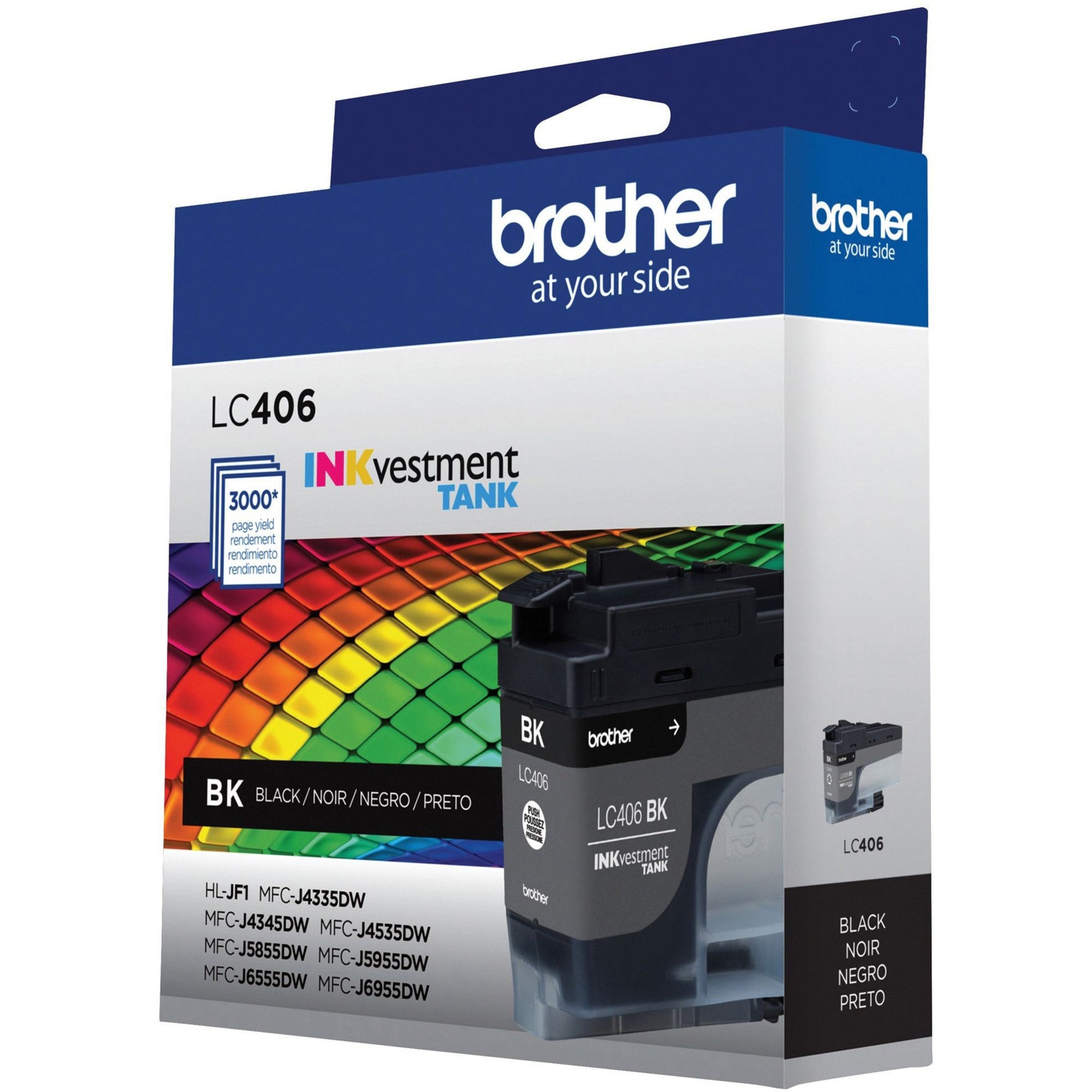 Angled perspective of Brother LC406BKS cartridge package displaying yield information and printer compatibility-alternate-image4