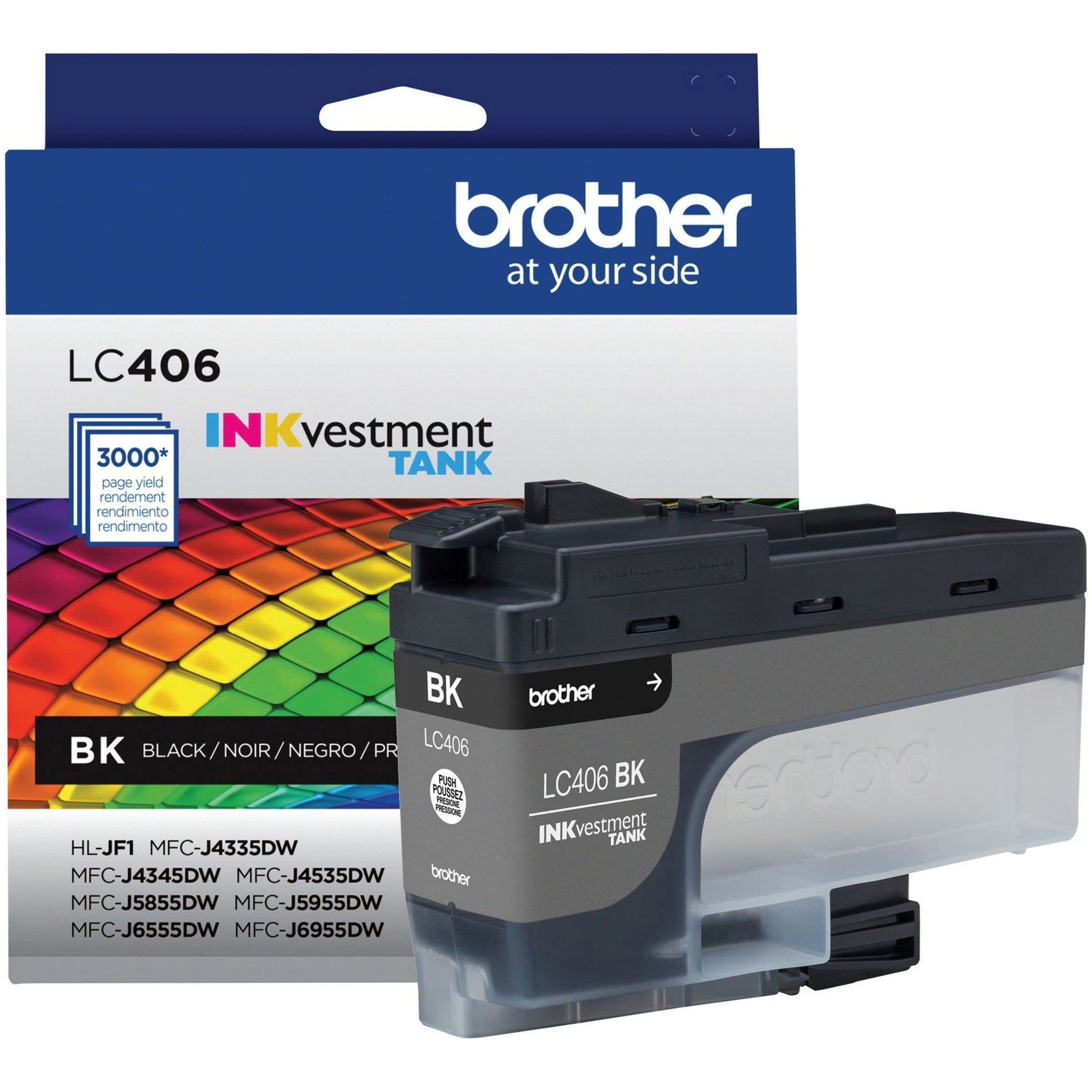 Brother LC406BKS black ink cartridge packaging showing INKvestment Tank branding and compatibility information-alternate-image1