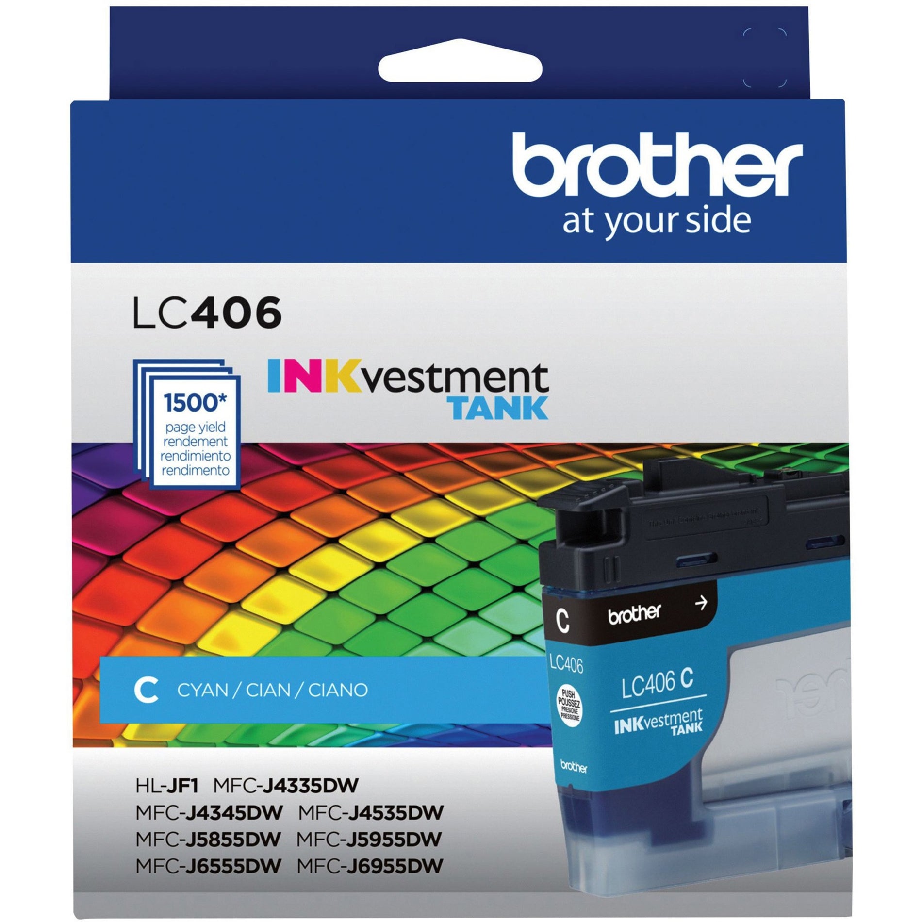 Front view of Brother LC406CS cyan ink cartridge package highlighting INKvestment Tank technology-alternate-image2