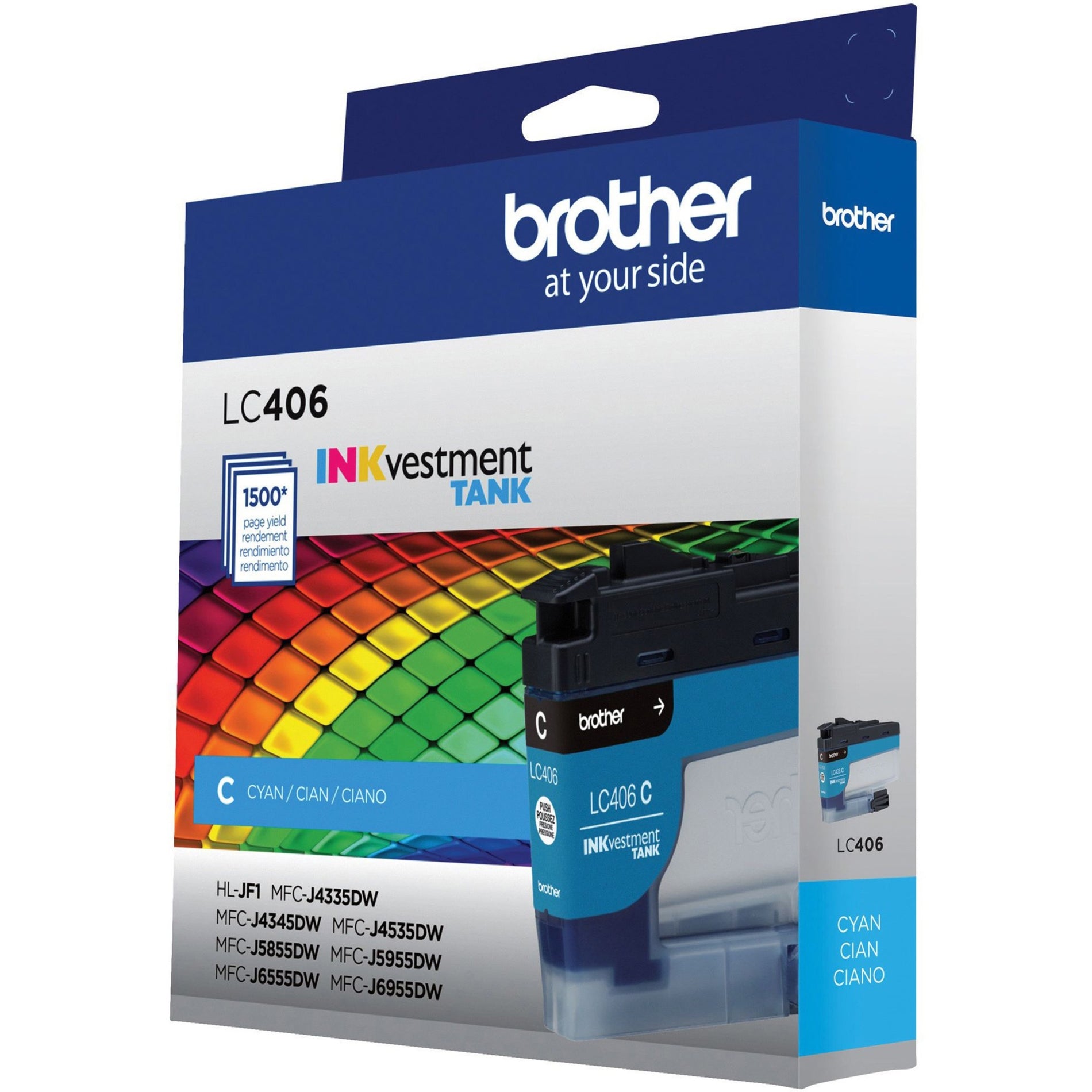 Angled view of Brother LC406CS cyan cartridge package showing product specifications-alternate-image4