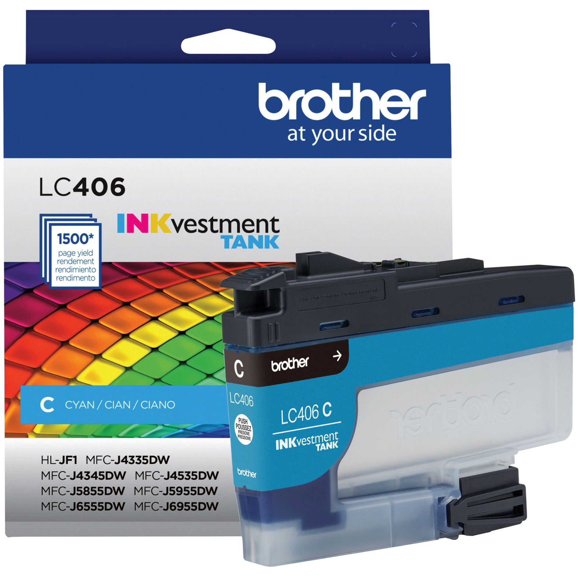 Brother LC406CS cyan INKvestment Tank cartridge with packaging showing compatibility and 1500-page yield-alternate-image1