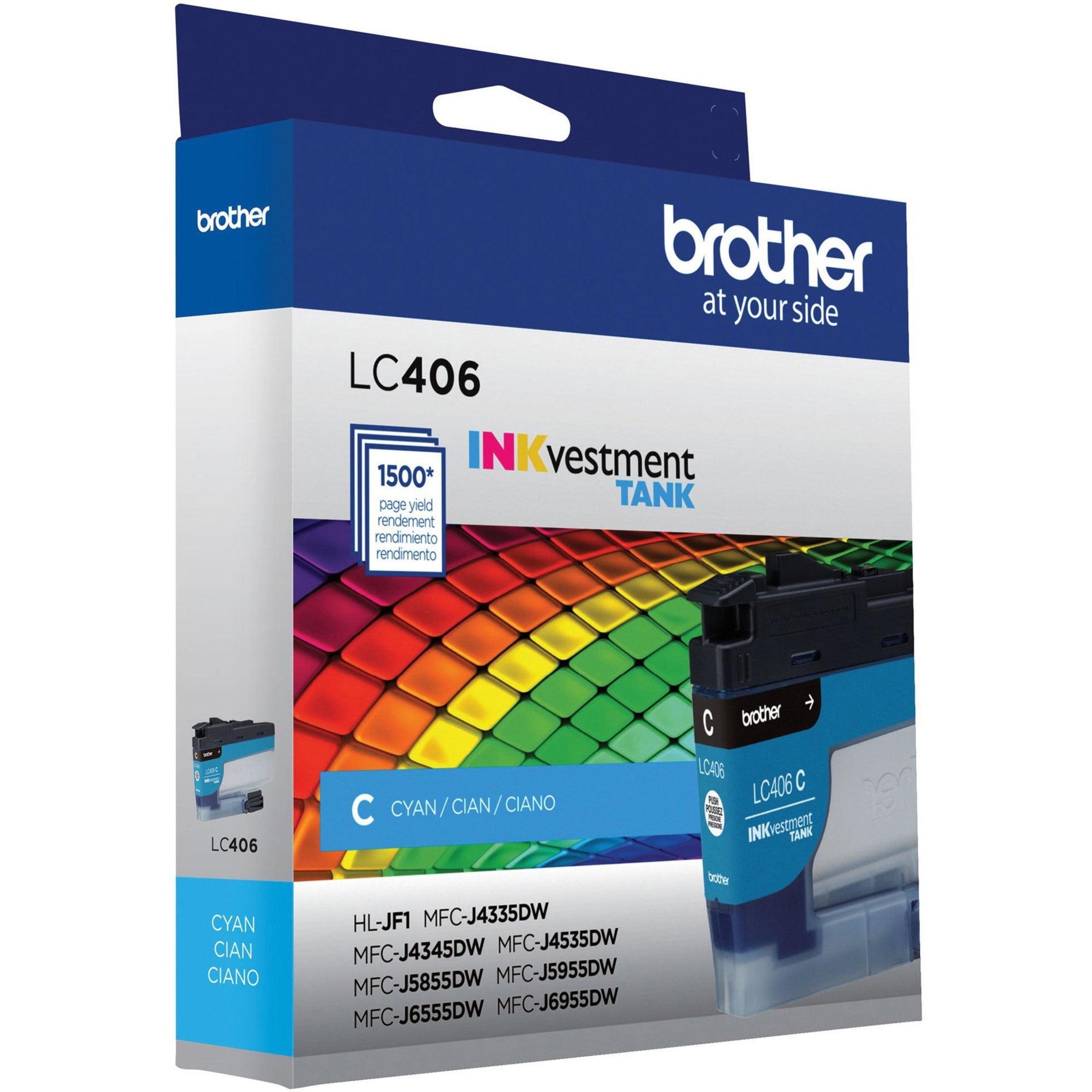 Side angle view of Brother LC406CS cyan ink cartridge showing transparent tank design-alternate-image3