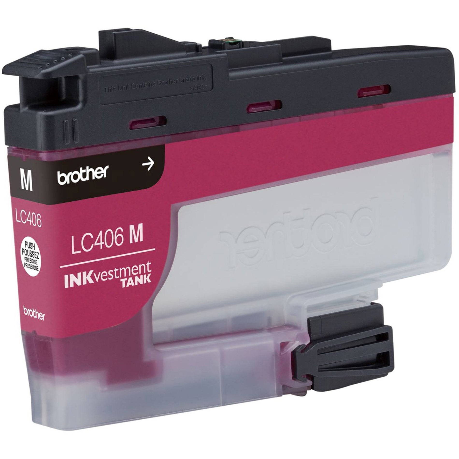 Close-up view of Brother LC406MS magenta ink cartridge showing tank design and label details-alternate-image4