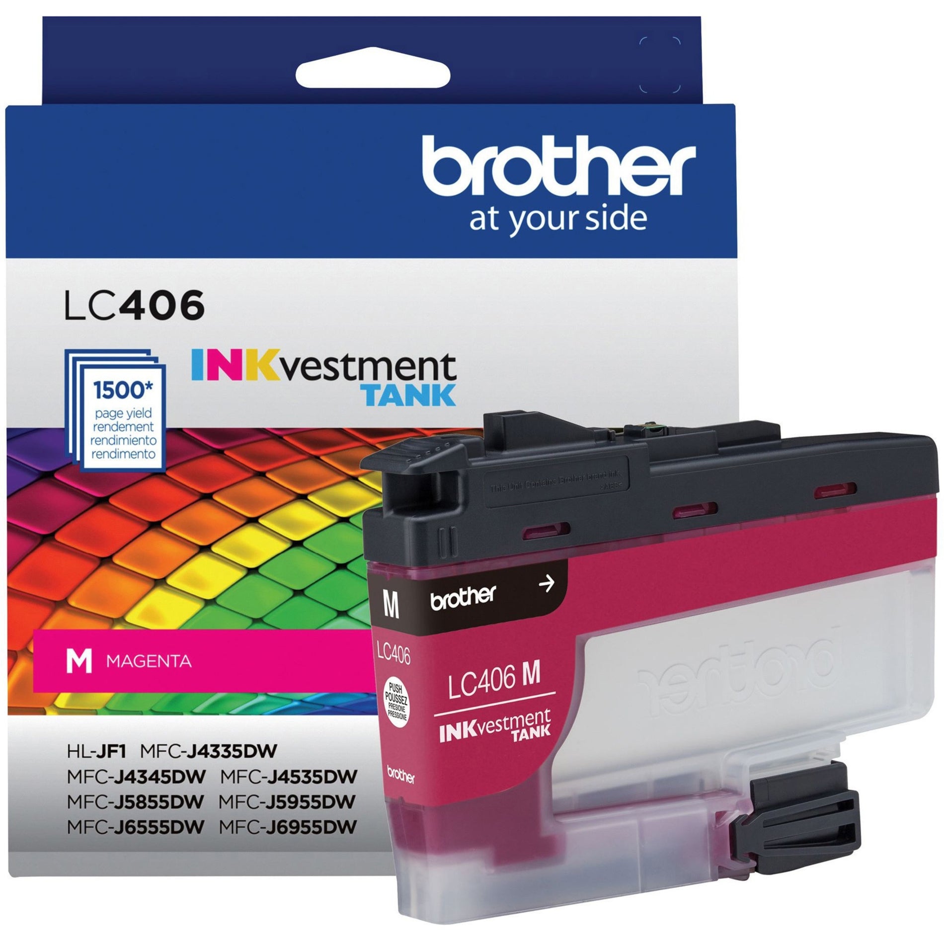 Brother LC406MS magenta INKvestment Tank cartridge with packaging showing 1500-page yield and compatible printer models-alternate-image1