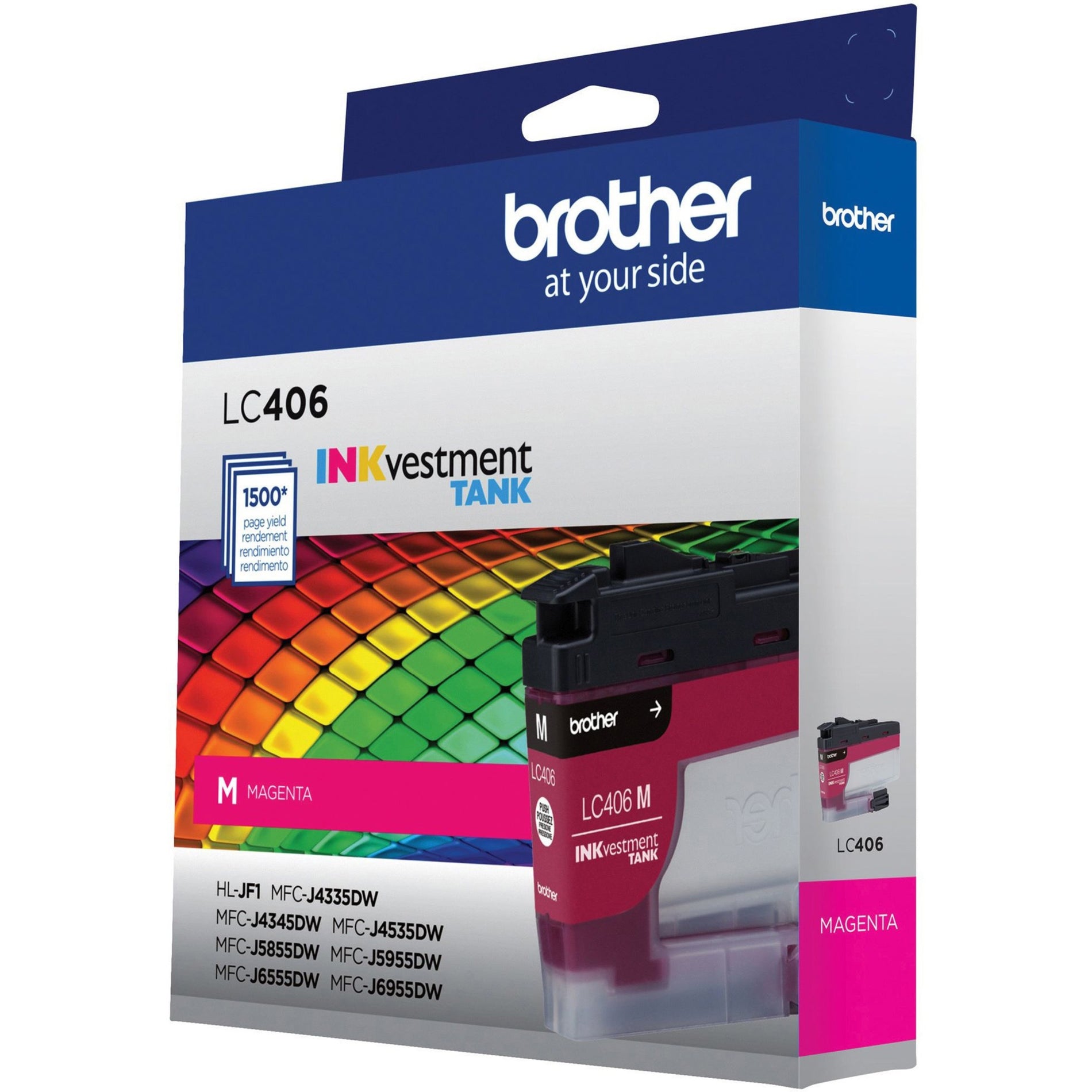 Angled view of Brother LC406MS cartridge packaging highlighting color spectrum and printer compatibility-alternate-image3