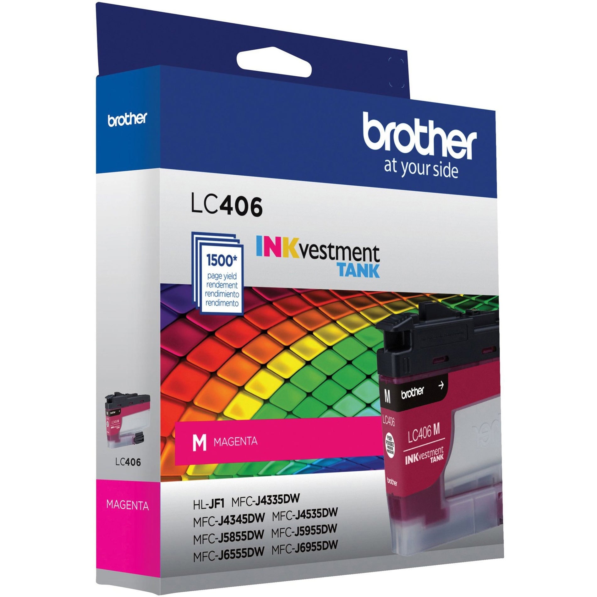 Side view of Brother LC406MS magenta ink cartridge package showing tank system and compatibility information-alternate-image2