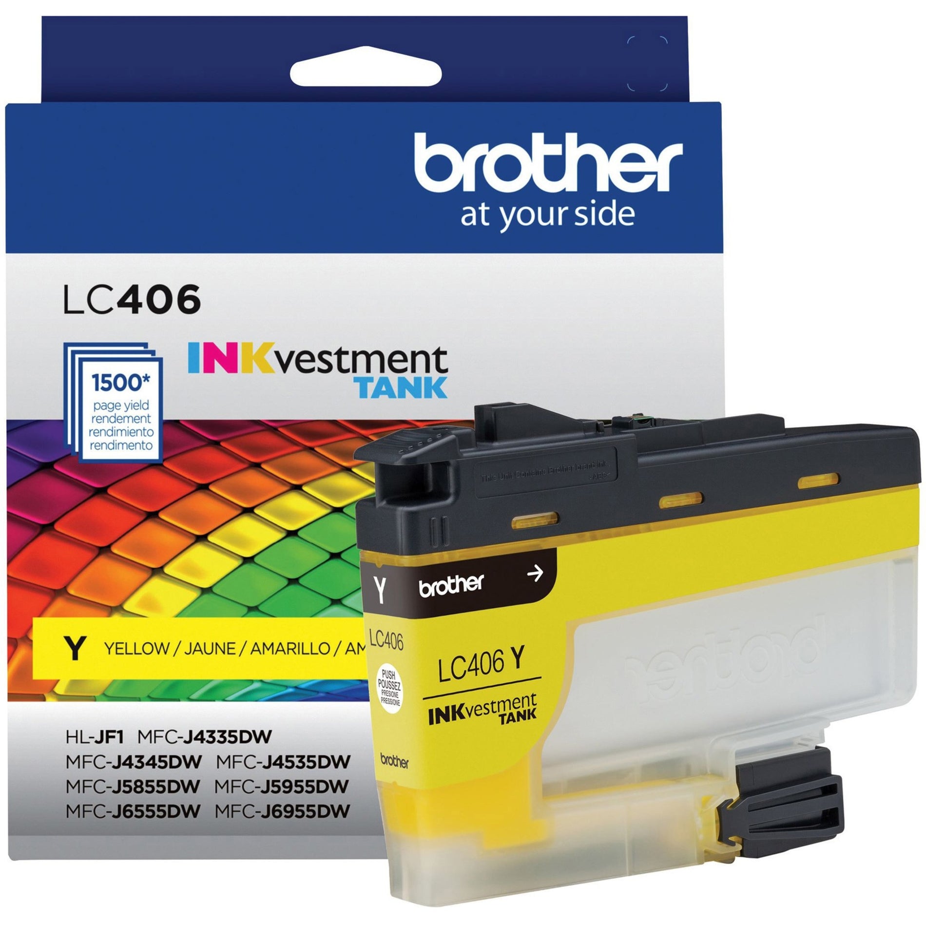 Brother LC406Y yellow ink cartridge with INKvestment Tank technology and packaging showing 1500-page yield-alternate-image1