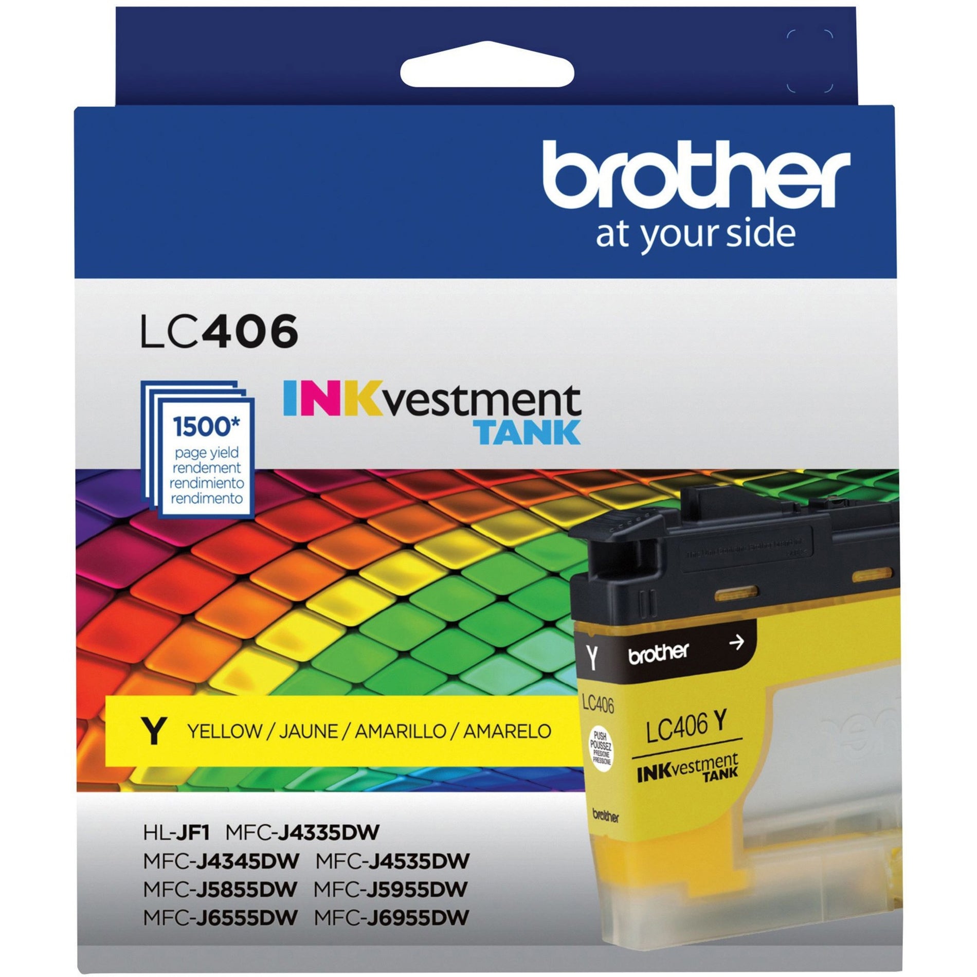 Front view of Brother LC406Y yellow ink cartridge package showing printer compatibility list-alternate-image5