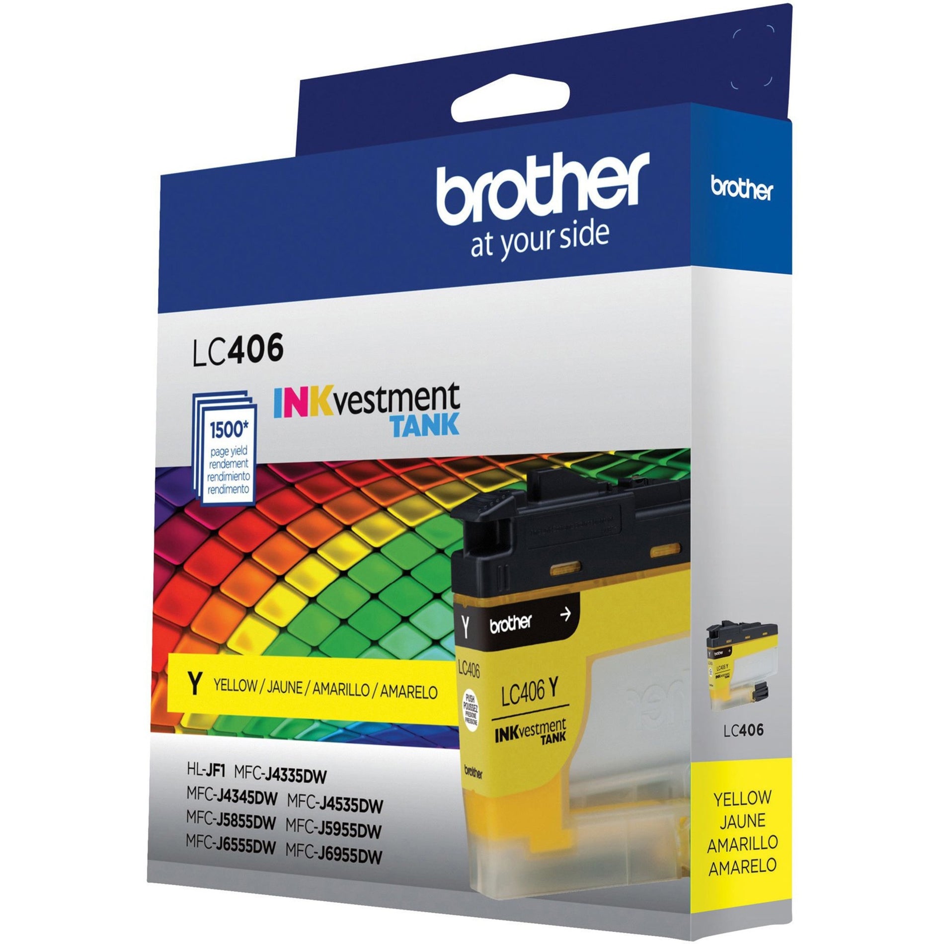 Angled view of Brother LC406Y INKvestment Tank yellow ink cartridge package-alternate-image3