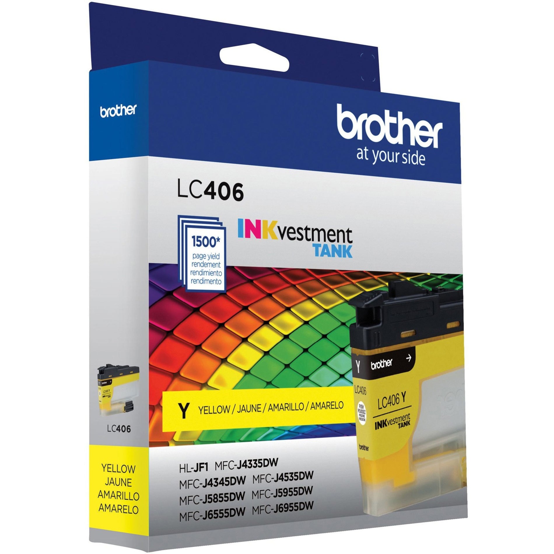 Side view of Brother LC406Y yellow ink cartridge package showing compatibility information-alternate-image2