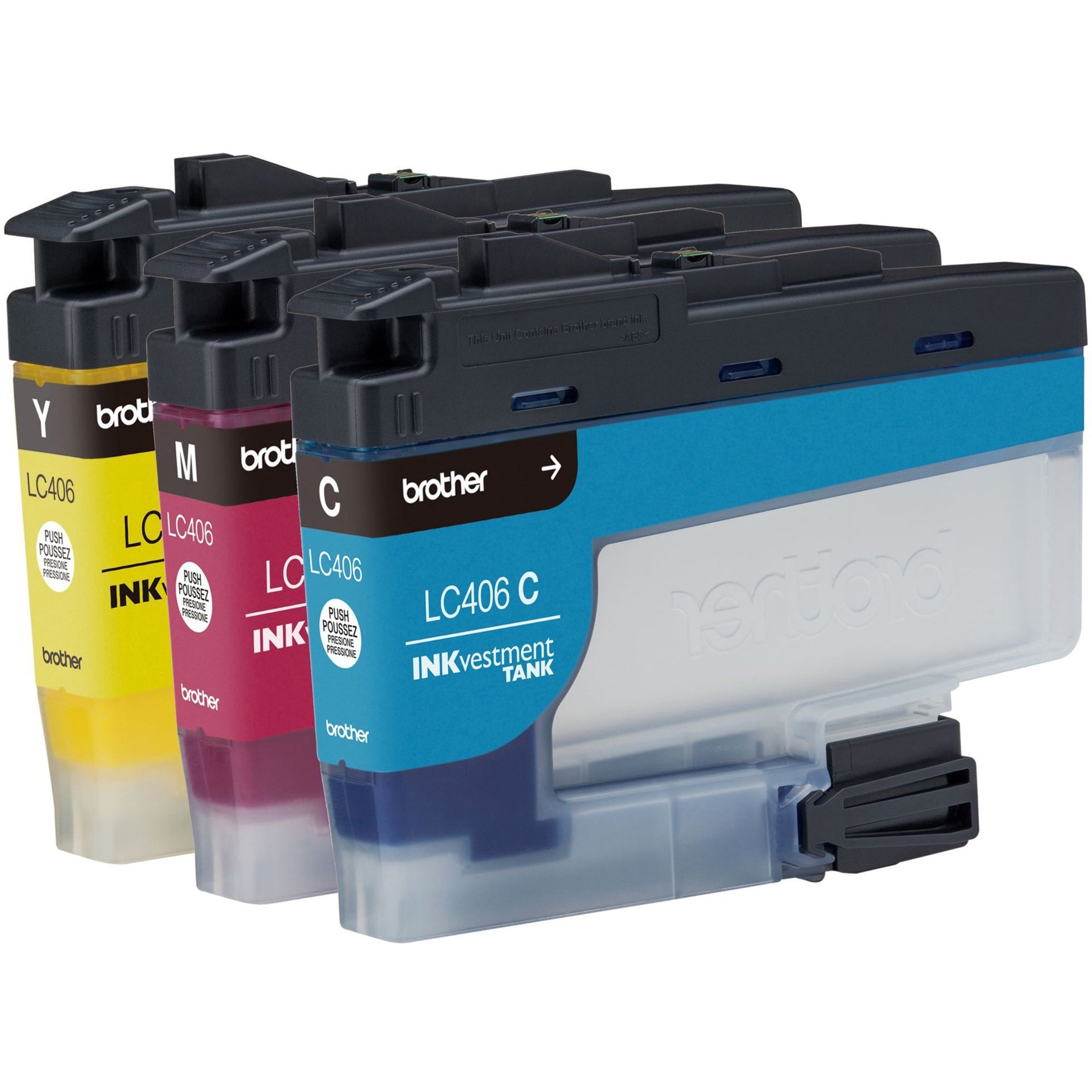 Close-up view of three Brother LC406 ink cartridges showing transparent tanks and color coding-alternate-image5