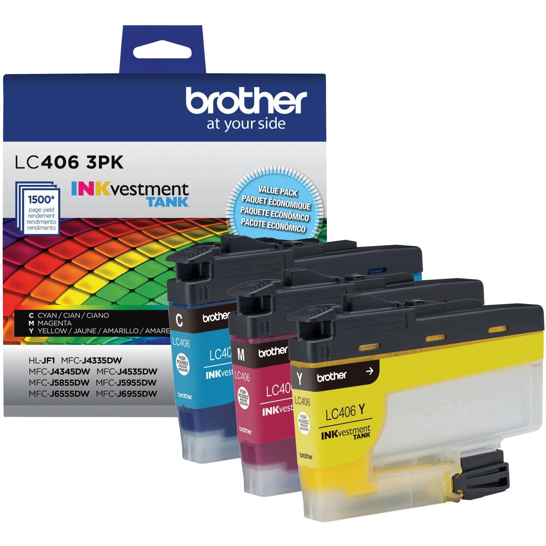 Brother LC4063PKS color ink cartridge value pack showing cyan, magenta, and yellow cartridges with retail packaging-alternate-image1