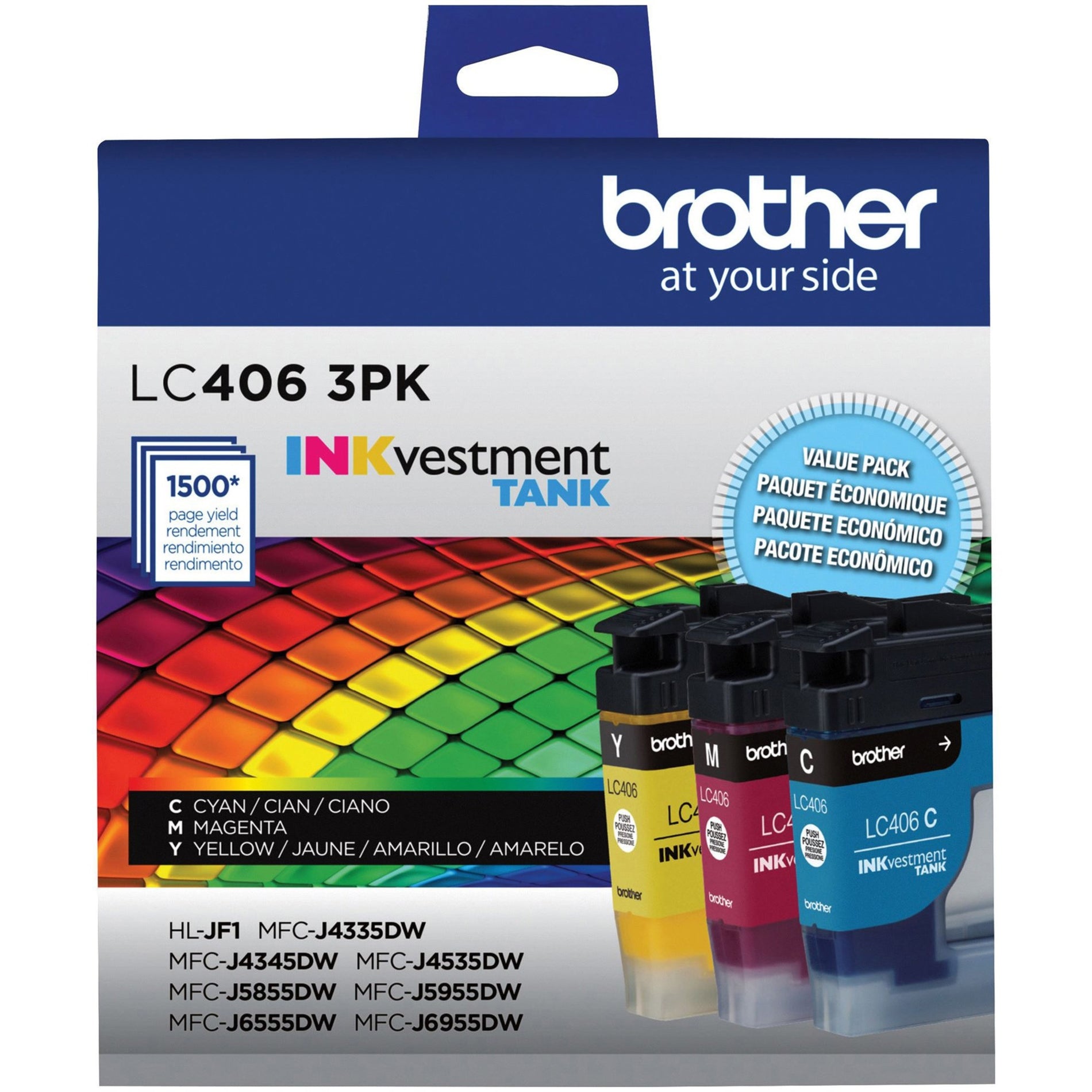 Front view of Brother LC406 3PK INKvestment Tank package showing color spectrum and cartridge compatibility-alternate-image2