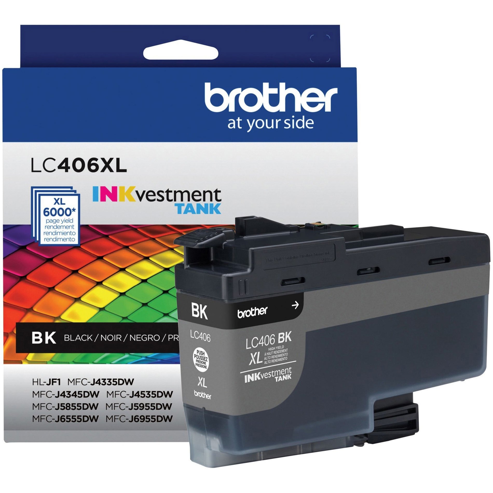 Brother LC406XL black INKvestment Tank ink cartridge with packaging showing 6000-page yield and compatible printer models-alternate-image1