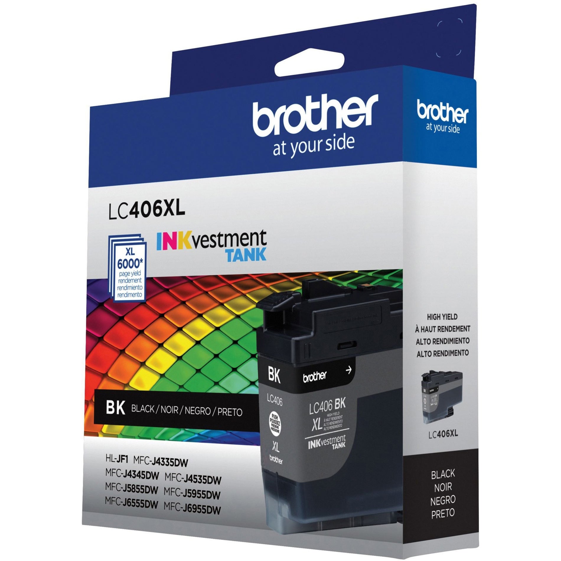 Side view of Brother LC406XL black ink cartridge package showing compatibility information and high-yield features-alternate-image2