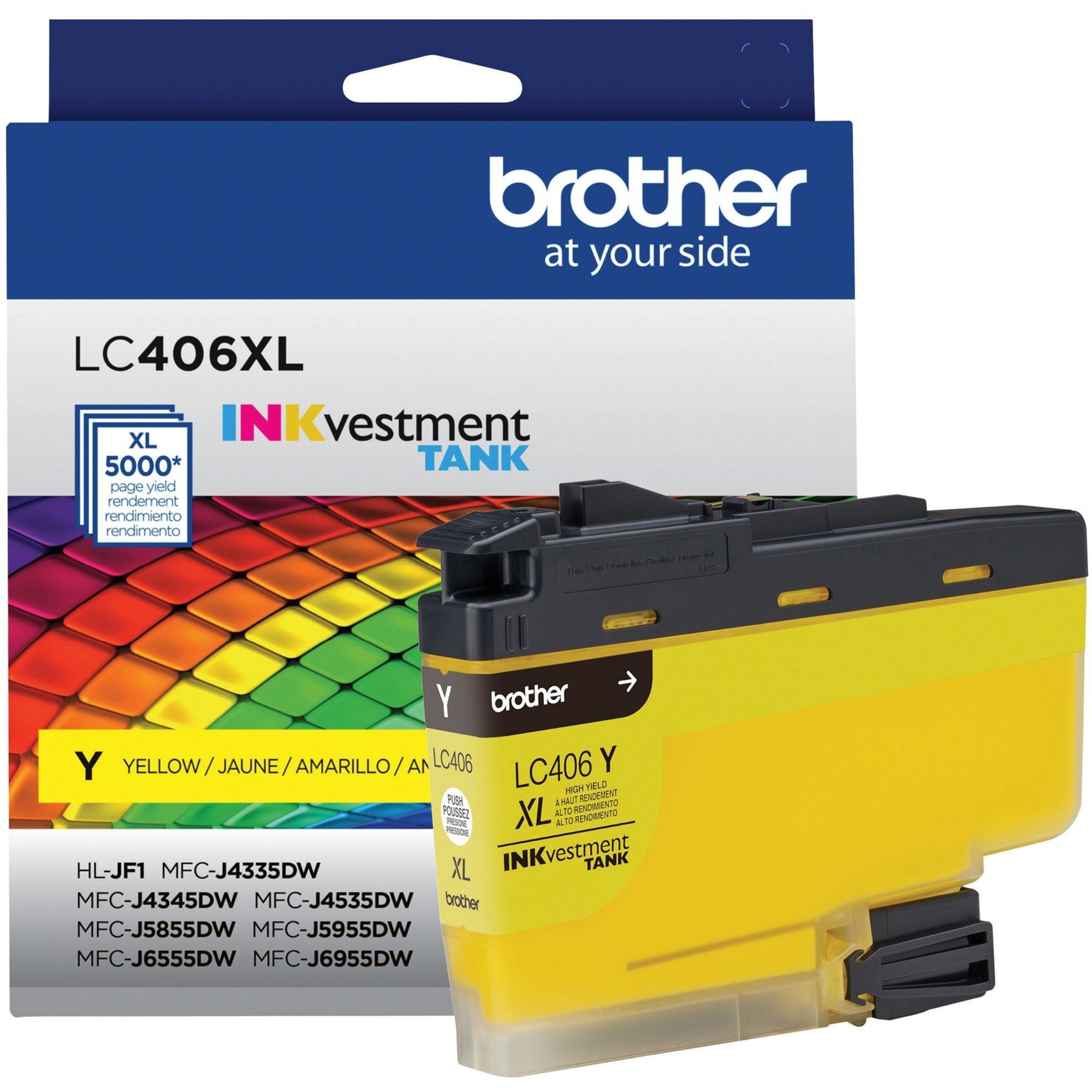 Brother LC406XLYS yellow ink cartridge package showing product details and printer compatibility information-alternate-image1