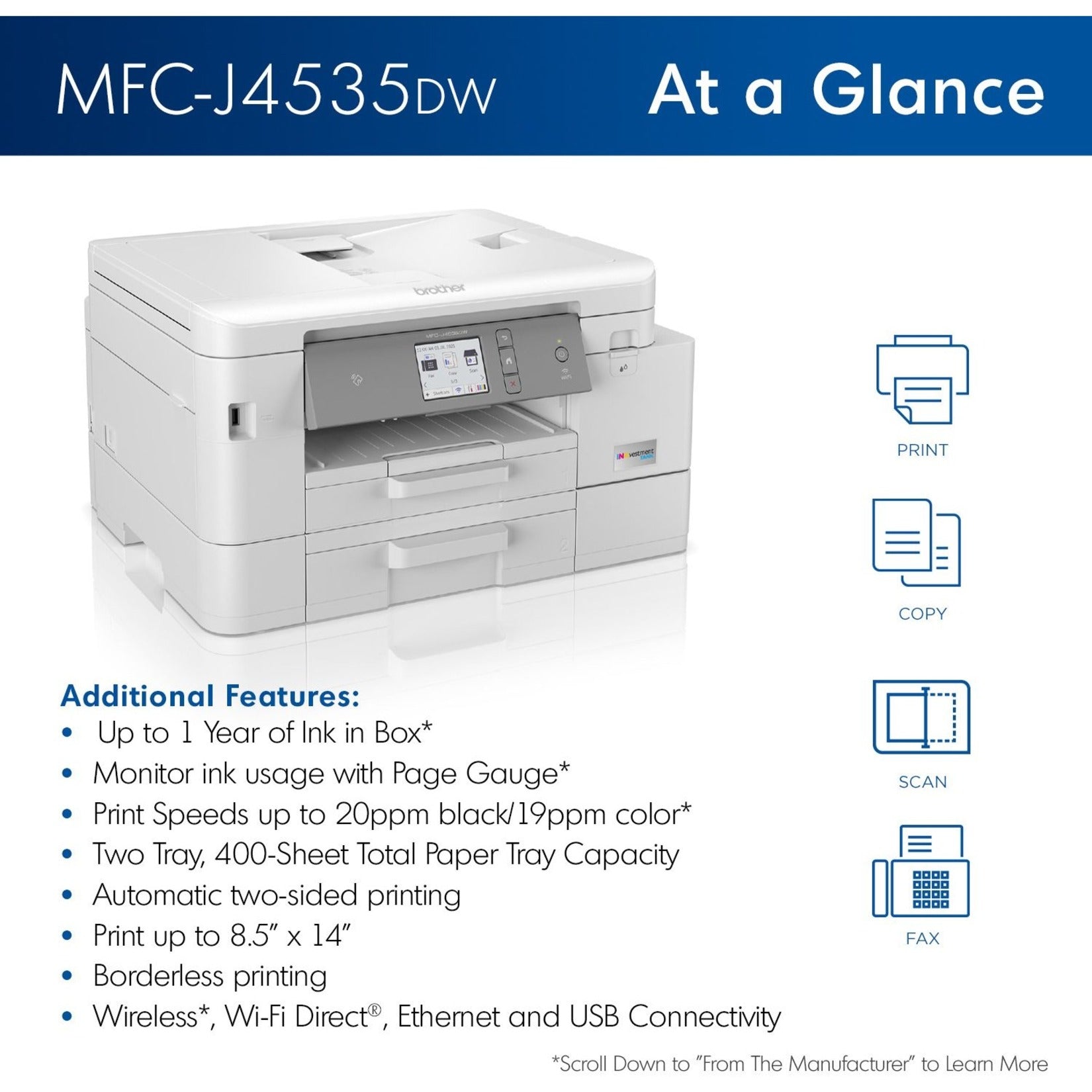 Feature overview infographic of Brother MFC-J4535DW printer capabilities-alternate-image5