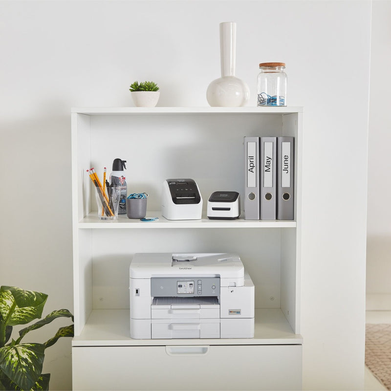 Brother MFC-J4535DW in organized office shelf setup with accessories