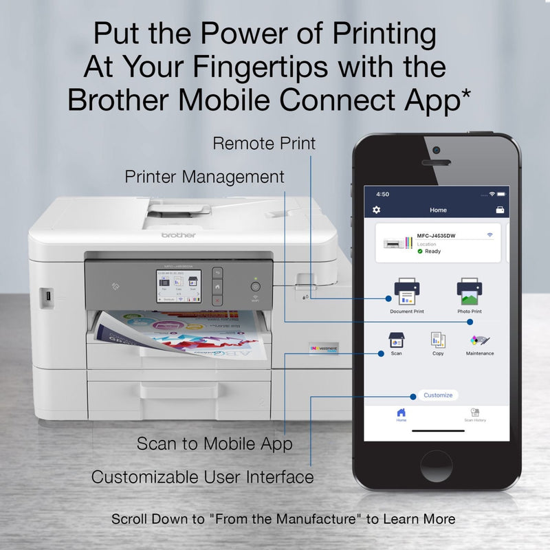 Brother Mobile Connect app interface alongside MFC-J4535DW printer