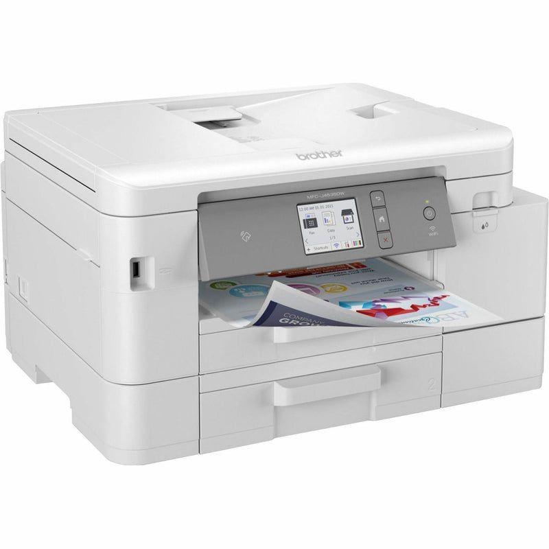 Front view of Brother MFC-J4535DW printer showing touchscreen display and paper output tray