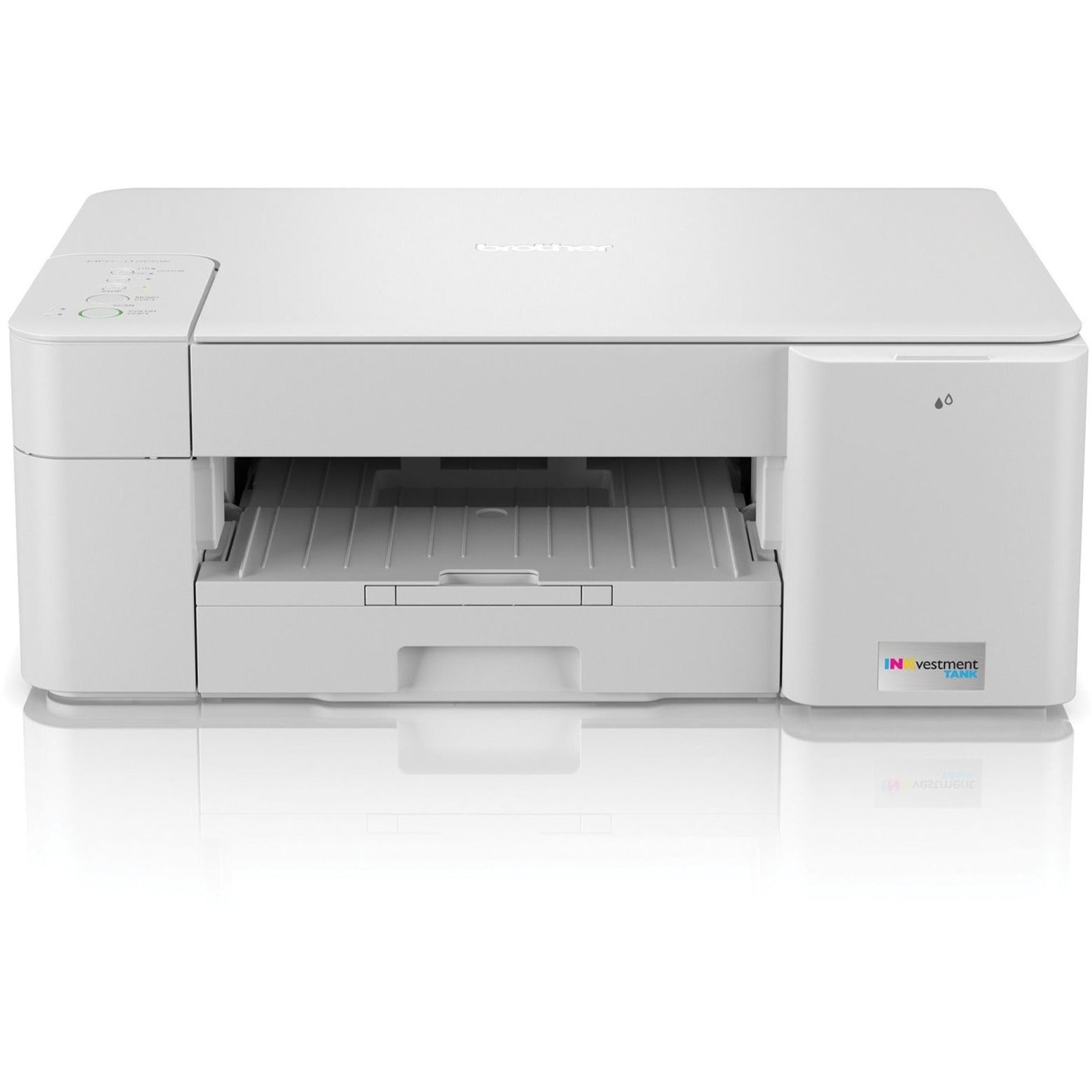 Front view of white Brother MFCJ1205W INKvestment Tank printer showing paper tray and control panel-alternate-image1