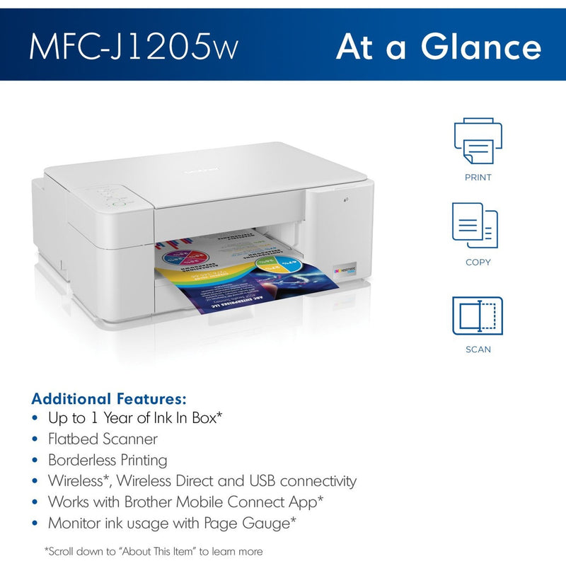 Features overview of Brother MFCJ1205W showing print, copy, and scan capabilities