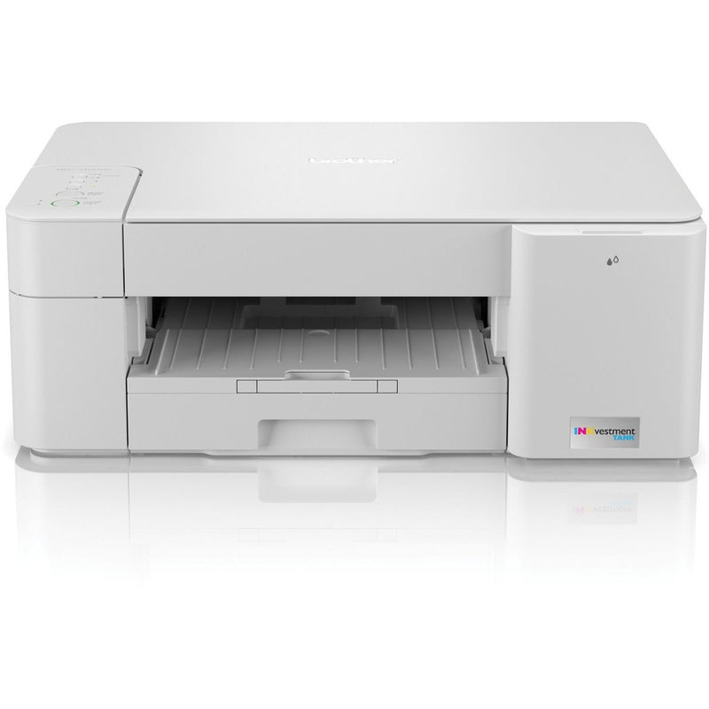 Front view of white Brother MFCJ1205W INKvestment Tank printer showing paper tray and control panel