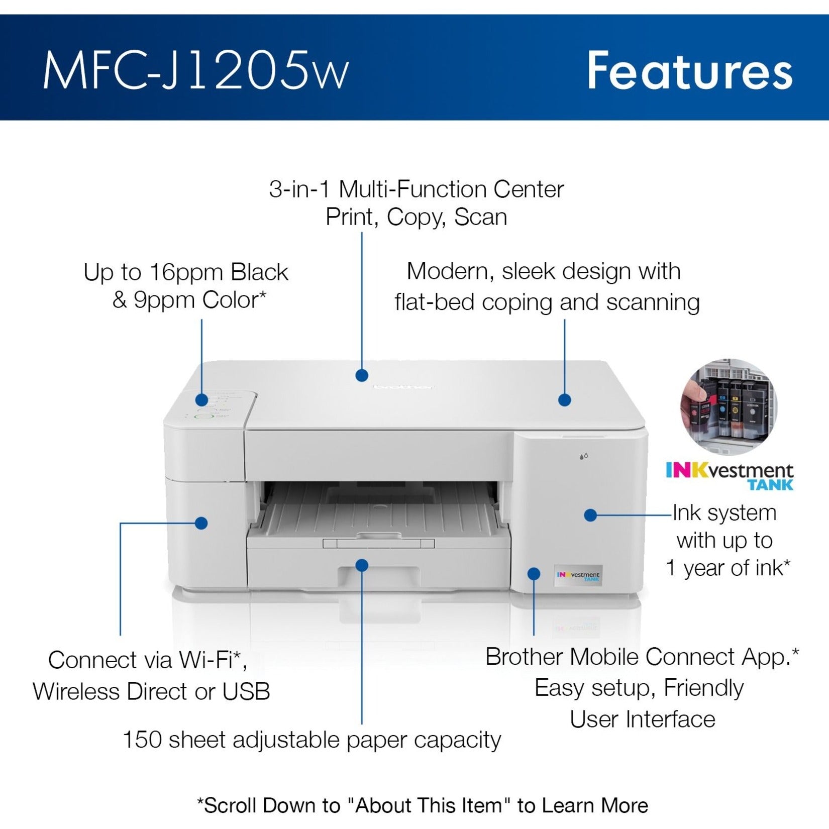 Brother MFCJ1205W INKvestment Tank Printer Draadloze Inktjet Multifunctionele Printer Kleur Flatbedscanner 2 Jaar Beperkte Garantie