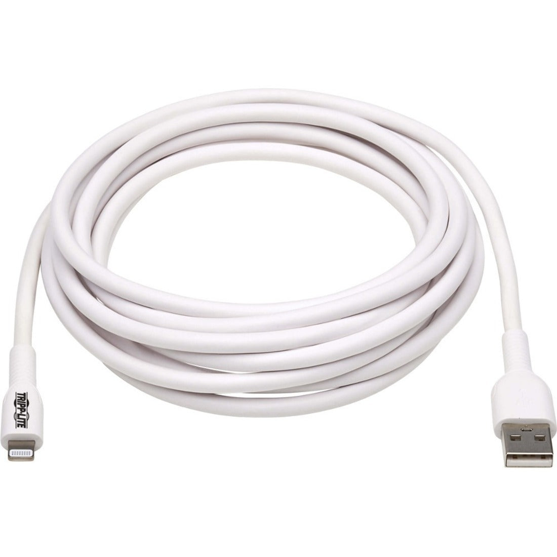 Full-length view of white Tripp Lite Safe-IT Lightning cable showing flexible coiled design-alternate-image2