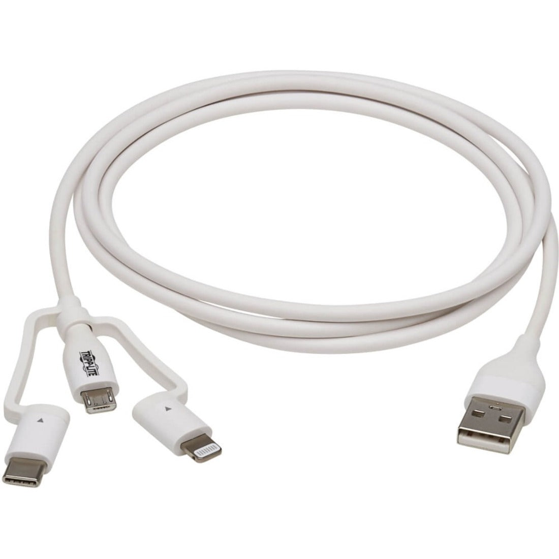 Full length view of white multi-connector USB cable showing flexible cable design-alternate-image2