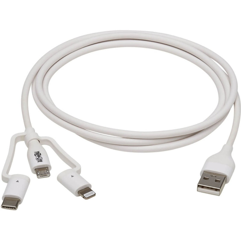 Full length view of white multi-connector USB cable showing flexible cable design