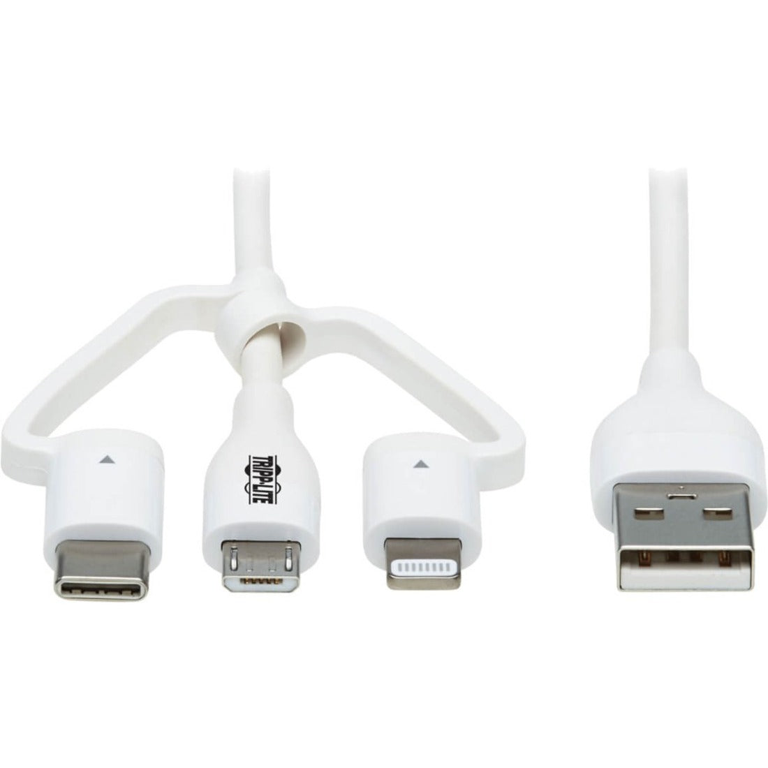 White multi-connector USB cable showing USB-C, Lightning, and Micro-USB tips with USB-A connector-alternate-image1