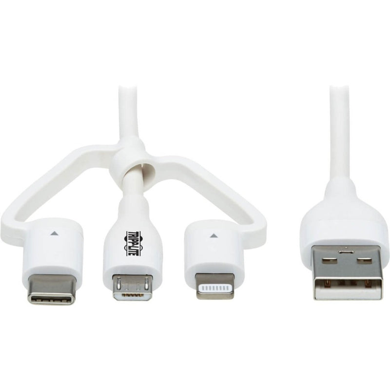 White multi-connector USB cable showing USB-C, Lightning, and Micro-USB tips with USB-A connector